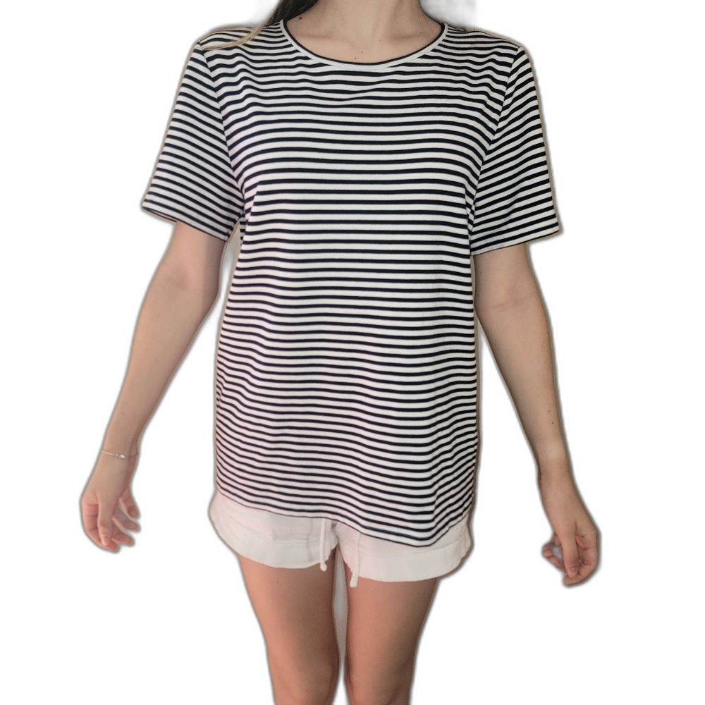 Preston & York Womens Size L Short Sleeve Striped Top Navy Blue White